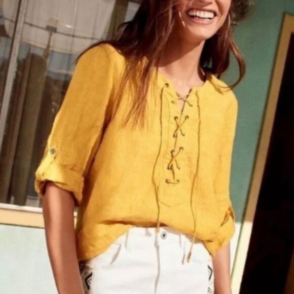 Maeve Tops - Maeve Anthropologie‎ Marva Linen Lace Up Tie Front Blouse Top Sz 0